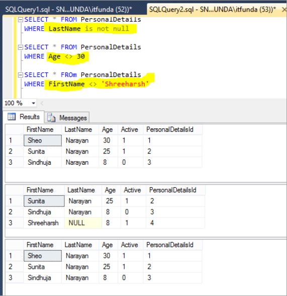 How To Write Not Equal Sql Query