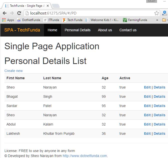 Single Page Application database record list view page