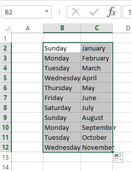 fill weekday & month in excel