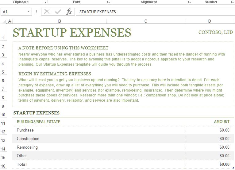 Startup expenses template in MS Excel