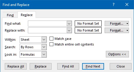 Replace dialog box in Excel