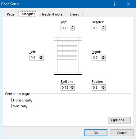 Page setup margin in Excel