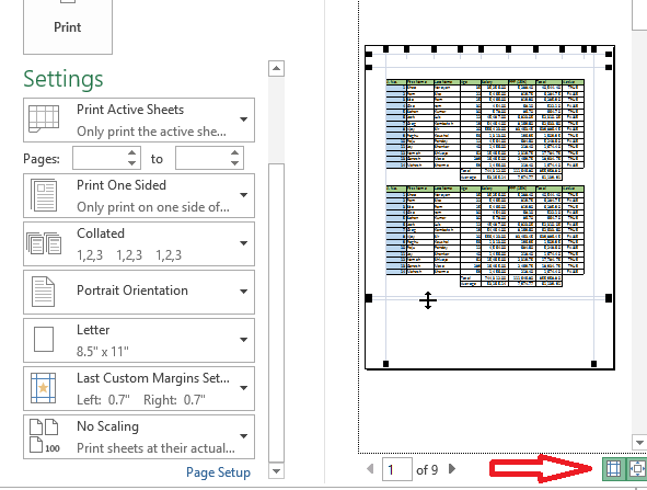 Show margin in print preview in excel
