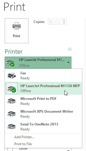 Printer selection in ms excel