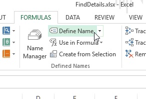 Define name command on Excel Ribbon