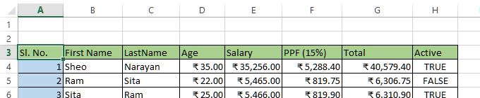 select entire row from range of data in excel