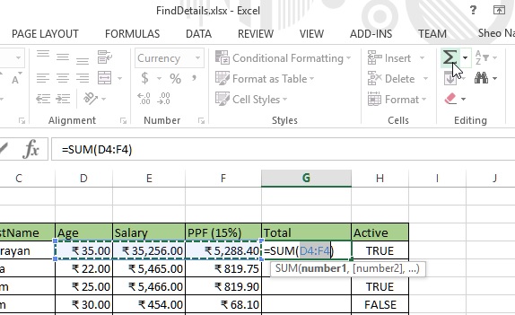 Auto sum from Ribbon bar in excel
