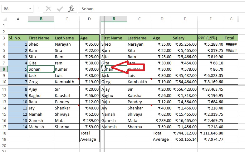 Vertical resize of splitted window in excel
