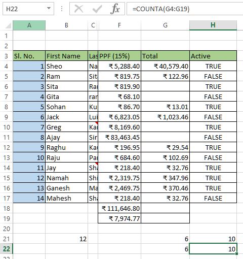 count non blank cells in excel using COUNTA function