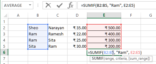 sumif range based on other column value in excel