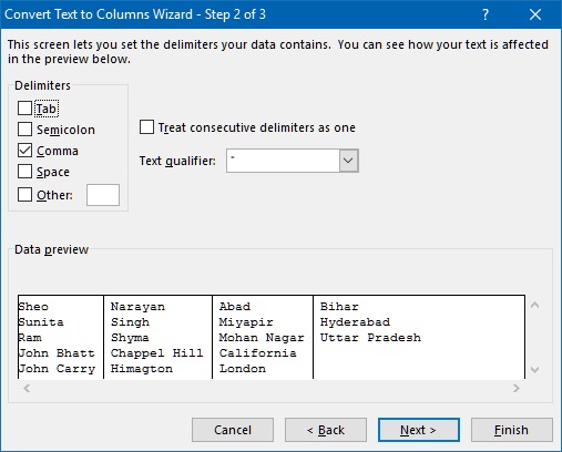 select delimiters in text to column in excel