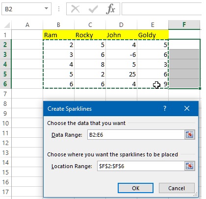 Data range for sparkline chart in Excel