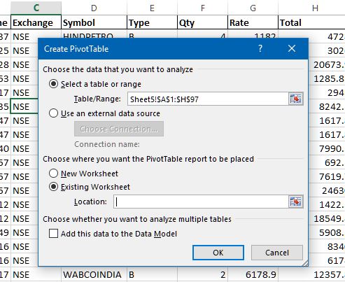 Create Pivot Table dialog box in Excel