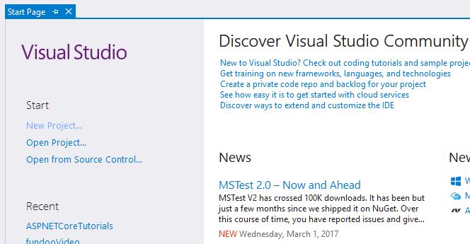 Visual Studio Start page