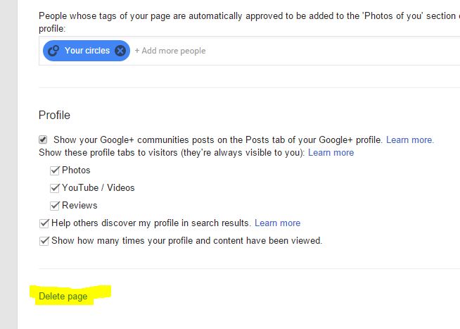 Delete google plus page