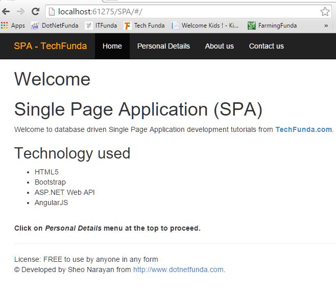 Single Page Application Home page