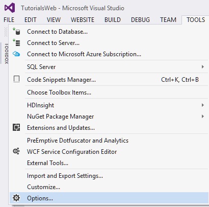 Tools menu of Visual Studio 2015