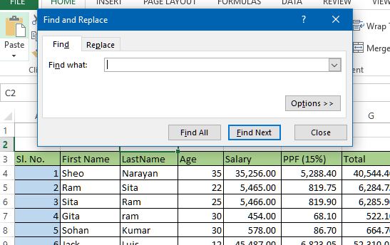 find and replace dialog box in ms excel