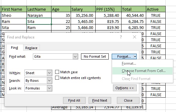 choose format from cell in excel