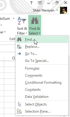 Find & Select icon from the ribbon in Excel