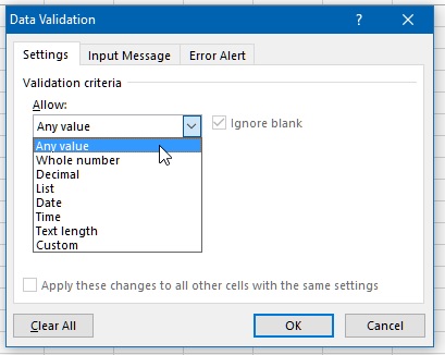 Data validation dialog box allow
