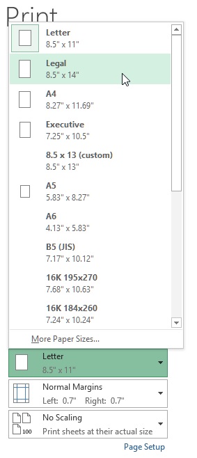 paper size in Excel