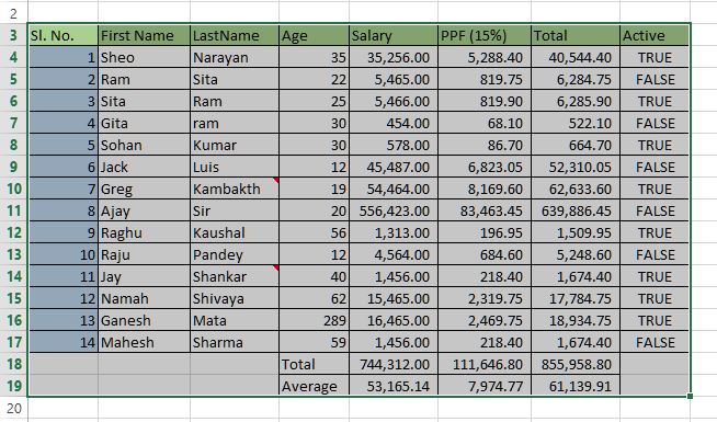 select range of data in excel