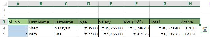 selected entire row from range of data in excel