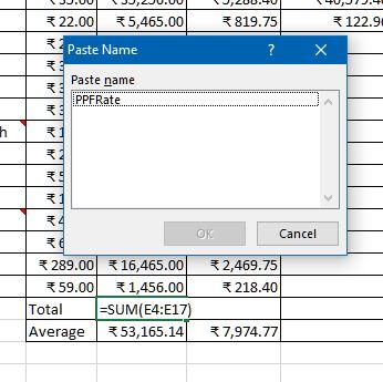 Paste name dialog box in Excel