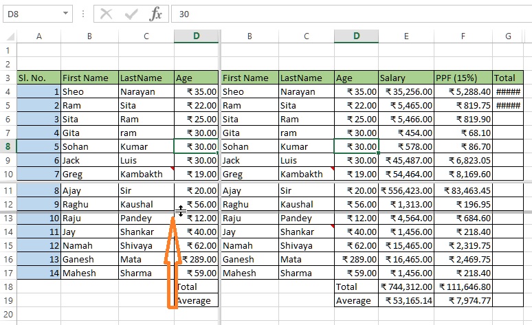 Horizontal resizing of splitted window in excel