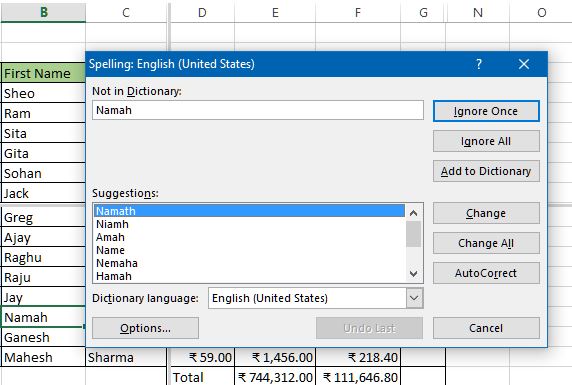 Spelling dialog box in Excel