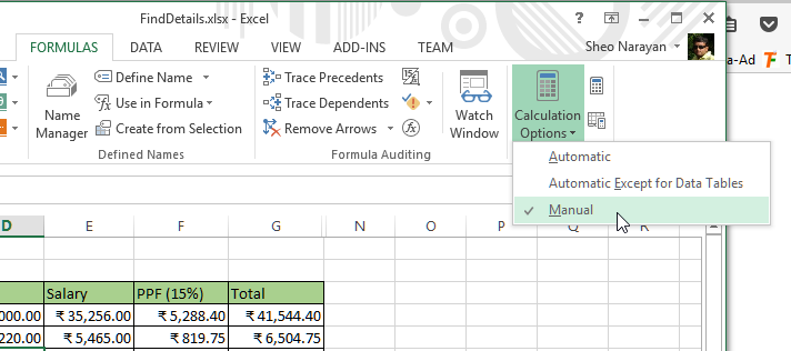 Change calculation options in excel