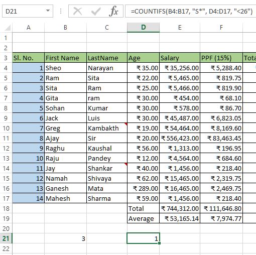 Countifs function in excel