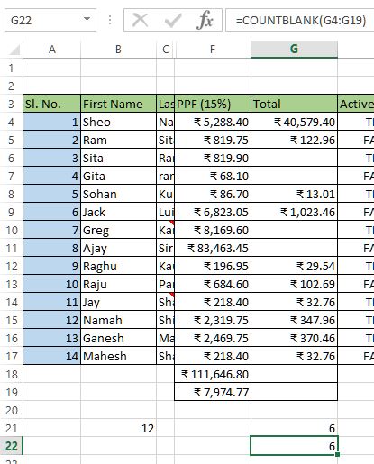 Countblank function in MS Excel