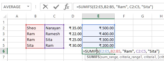 Sumifs function use in MS Excel