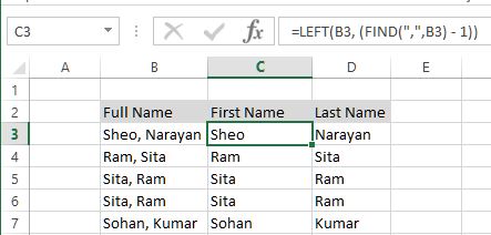 Extracting first name from full name in excel