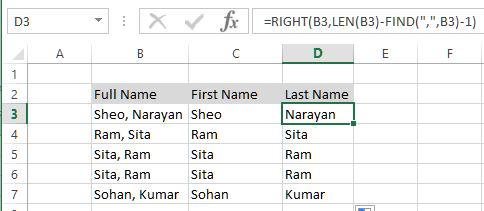 Extracting last name from full name in Excel