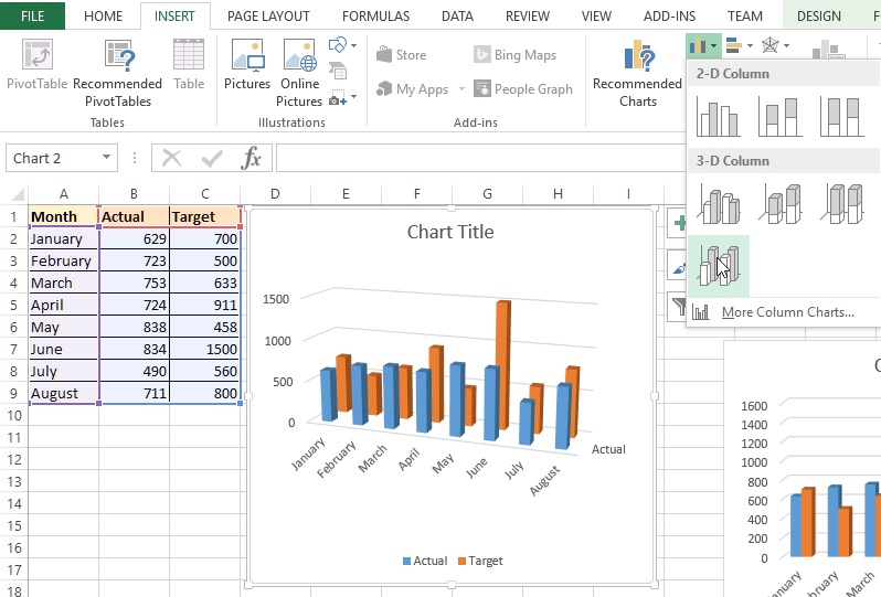 3-D column chart in Excel